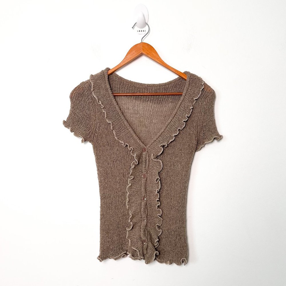 Y2K Ruffled Olive Knit Short Sleeve Cardigan Blouse